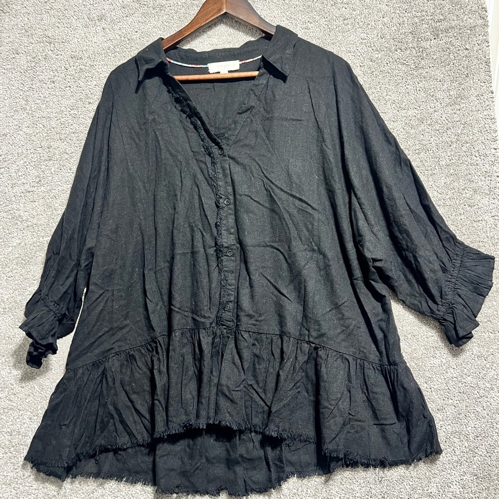 Umgee Woman’s Black Button Down Rayon Linen Blend Blouse Top Plus Size 1XL